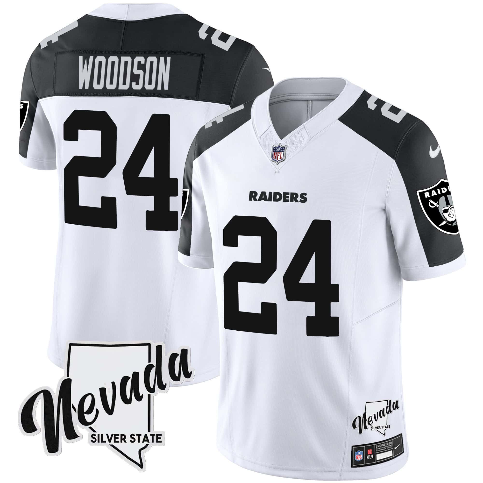 Men Oakland Raiders 24 Woodson White 2024 Nike Nevada Silver State Patch Vapor NFL Jersey style 1